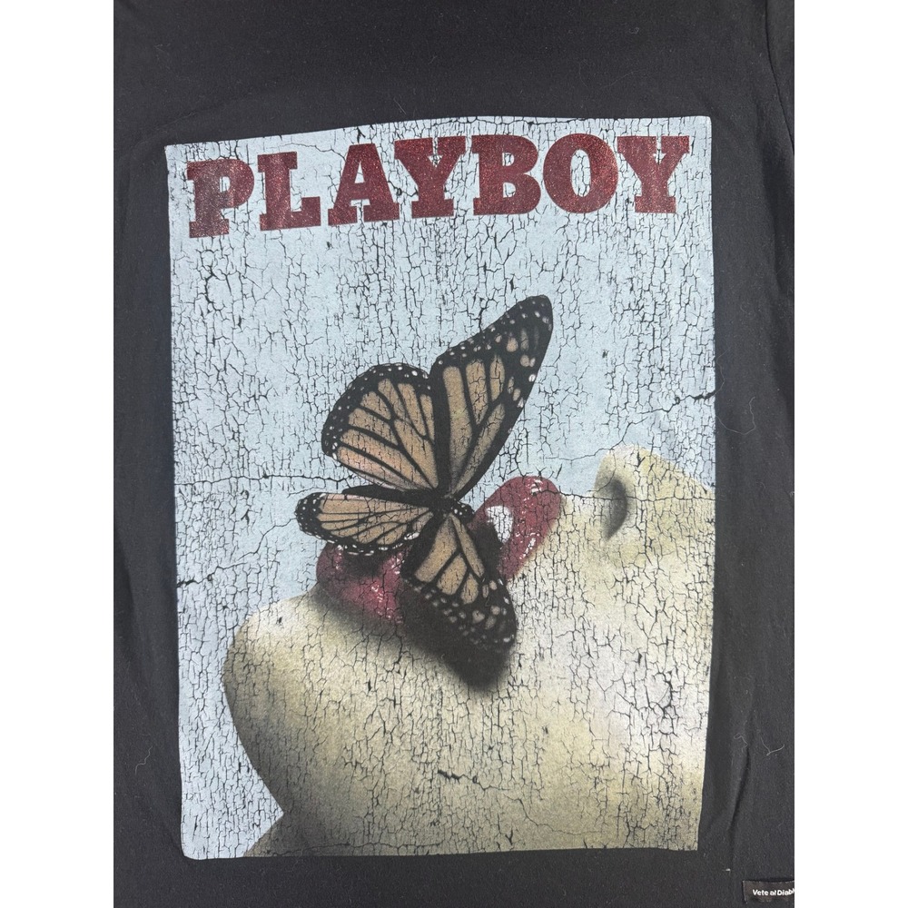 Vete al Diablo Playboy Graphic T-Shirt Mens Medium Black Butterfly Print Tee - Picture 3 of 6